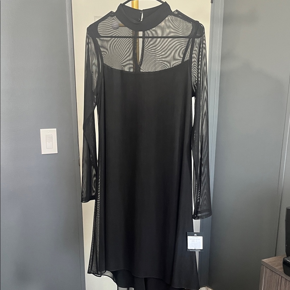 MARINA Black High Low Dress with Sheer Sleeves